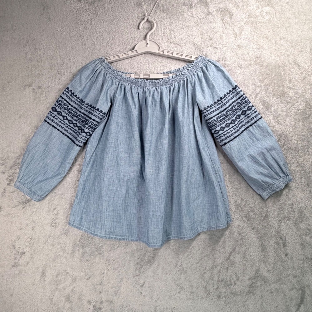Gap Blouse Women S Blue Chambray Off the Shoulder Embroidered‎ Boho Peasant Top - Picture 2 of 10